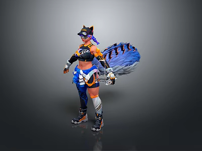 Woman In Orange And Blue Outfit With Cat Ears Blue Tail And Goggles 3d model