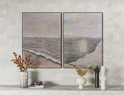 Two Abstract Seascape Paintings On Gray Wall With Decorative Shelf Vases 3d model
