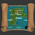 Vintage Scroll Map Design With Green Island Blue Ocean Clouds Yellow Marker And Anchor Icon