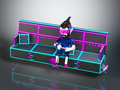 Pixelated Character Wearing Purple VR Headset Sitting on Neon Blue Pink Lighted Bench Holding Device 3d model