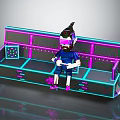 Pixelated Character Wearing Purple VR Headset Sitting on Neon Blue Pink Lighted Bench Holding Device
