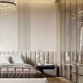 Modern Bedroom Interior With Wooden Wall Panels Light Curtains Upholstered Headboard And Abstract Circular Painting