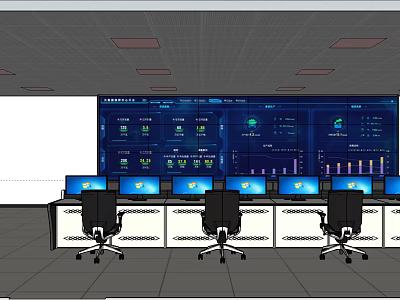 Monitoring Room Interior With Multiple Digital Screens Control Desks And Ergonomic Chairs 3d model