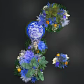 Colorful Floral Decorative Arrangement With Blue Yellow Purple Flowers And Green Plants