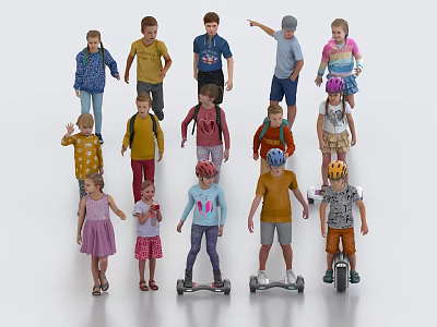 Group of Kids in Colorful Clothes with Helmets Riding Hoverboards Together 3d model