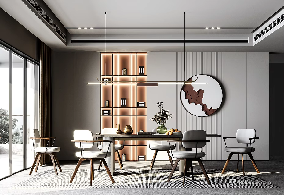 Stylish Modern Restaurant Interior Featuring Dining Table Chairs Hanging Lights Circular Art And Natural Light 3d model 