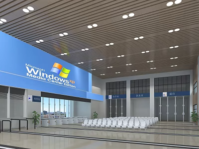 Modern Train Station Hall With Blue Windows XP Banner And White Chairs 3d model
