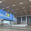 Modern Train Station Hall With Blue Windows XP Banner And White Chairs