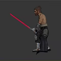 Bald Bearded Shirtless Character In Black Pants Sitting With Metal Arm Guards And Pink Sword