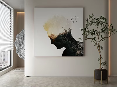 Abstract Painting Featuring Human Silhouette Forest Sky And Flying Birds Modern Wall Art 3d model