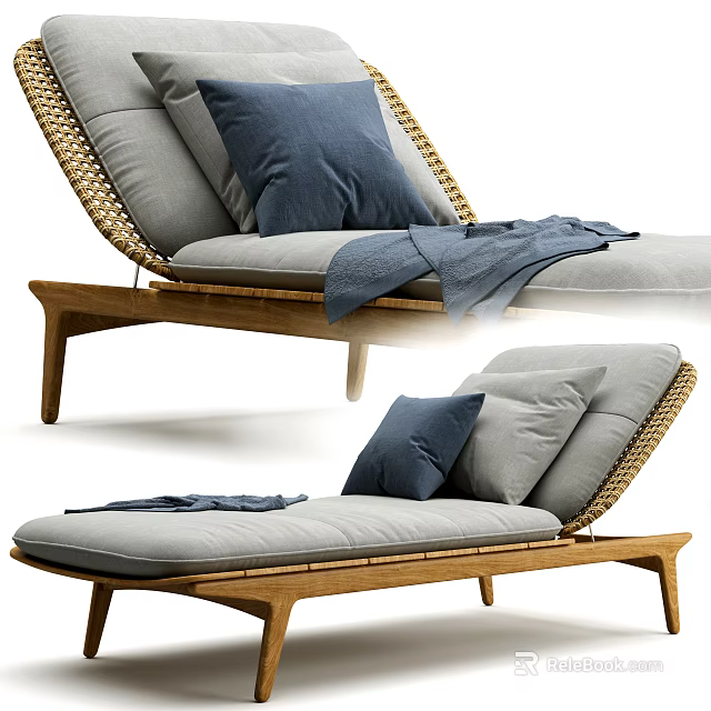 Comfortable Lounge Chair With Wooden Frame Rattan Backrest Gray Cushion Blue Pillow And Gray Blanket 3d model 