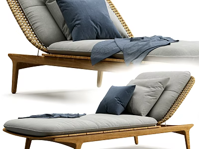 Comfortable Lounge Chair With Wooden Frame Rattan Backrest Gray Cushion Blue Pillow And Gray Blanket 3d model
