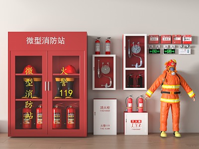 Modern fire fighting equipment fire hydrant fire extinguisher safety exit alarm emergency lighting 3d model