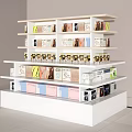 Modern Multi tiered White Retail Display Shelves with Various Packaged Products on Multiple Layers 3d model