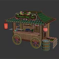 Traditional Wooden Street Food Cart With Green Roof And Red Lanterns