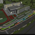 Modern School Building Design With Playground Track Field Connecting Walkway and Greenery