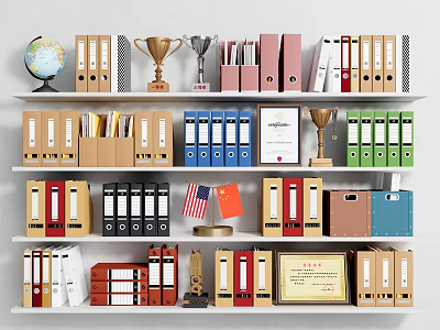 Various Colored Office Folders Arranged on Shelf with Trophies Certificates Globe American and Chinese Flags 3d model