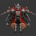 Man in Intricate Armored Outfit With Red Cape and Battle Weapons