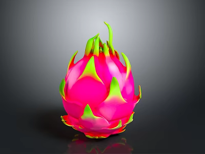 Vibrant Pink Dragon Fruit With Green Leafy Tips On Dark Background 3d model