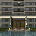 Modern High Rise Apartment Building With Front Pool Reflection Greenery And Illuminated Entrance