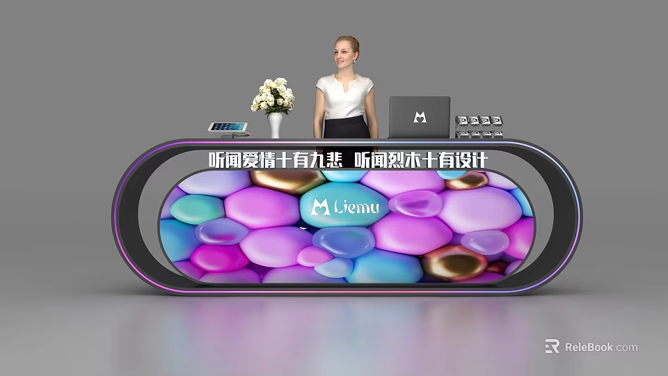 Modern Reception Desk With Colorful Pebble Pattern Luminous Edge Flower Vase And Tablet 3d model 
