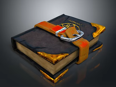 Decorative Book With Dark Cover Golden Edges Orange Strap And Silver Buckle 3d model