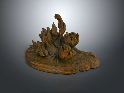Intricate Wooden Flower Sculpture With Detailed Petals Leaves And Wavy Base 3d model