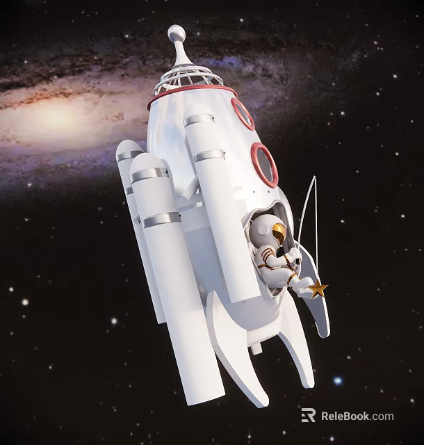 Space Themed White Rocket Shaped Amusement Rides With Cartoon Characters And Starry Sky Background 3d model 