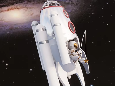 Space Themed White Rocket Shaped Amusement Rides With Cartoon Characters And Starry Sky Background 3d model