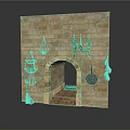 Rustic Brick Wall Structure With Arched Doorway Hanging Clay Pots Pans And Herbs 3d model