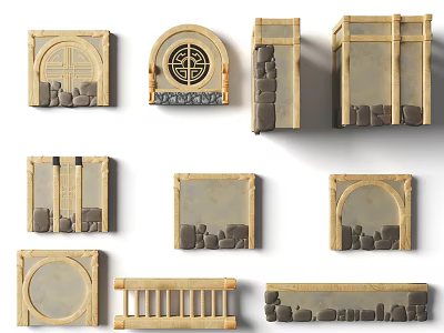 Architectural Decorative Elements Including Various Arched Designs Stone Details Railings And Wall Panels 3d model