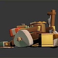 3D Wooden Boat Model With Lifebuoy Rope Bird Green Barrel And Wooden Bucket