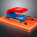 Stone And Wood Structure With Red Blue Components On Wooden Plank Base