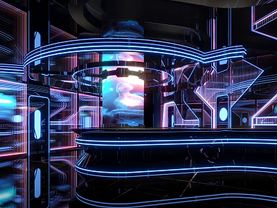 Futuristic Bar Interior Featuring Neon Lights Mirrored Walls And Modern Bar Counter 3d model