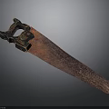 Antique Rusted Hand Saw With Black Handle And Decorative Metal Blade