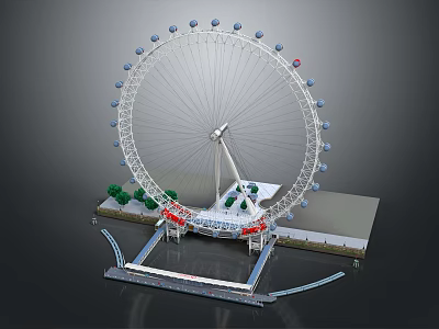 Detailed Ferris Wheel 3D Model With Spokes Support Structure Waterfront Platform And Green Trees 3d model