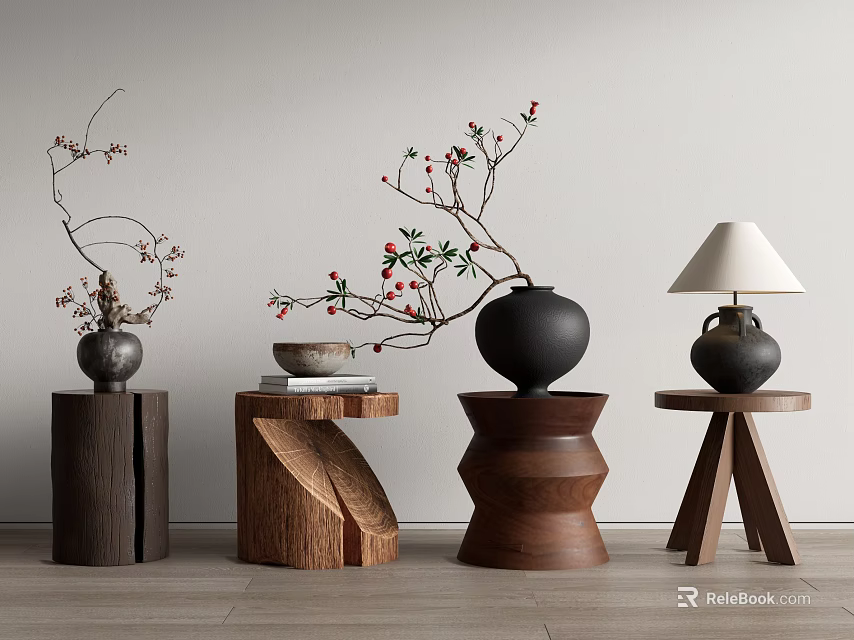 Distinctive Wooden Side Tables Featuring Various Designs With Vases Red Berry Branches Bowl And Lamp 3d model 