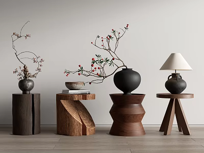 Distinctive Wooden Side Tables Featuring Various Designs With Vases Red Berry Branches Bowl And Lamp 3d model