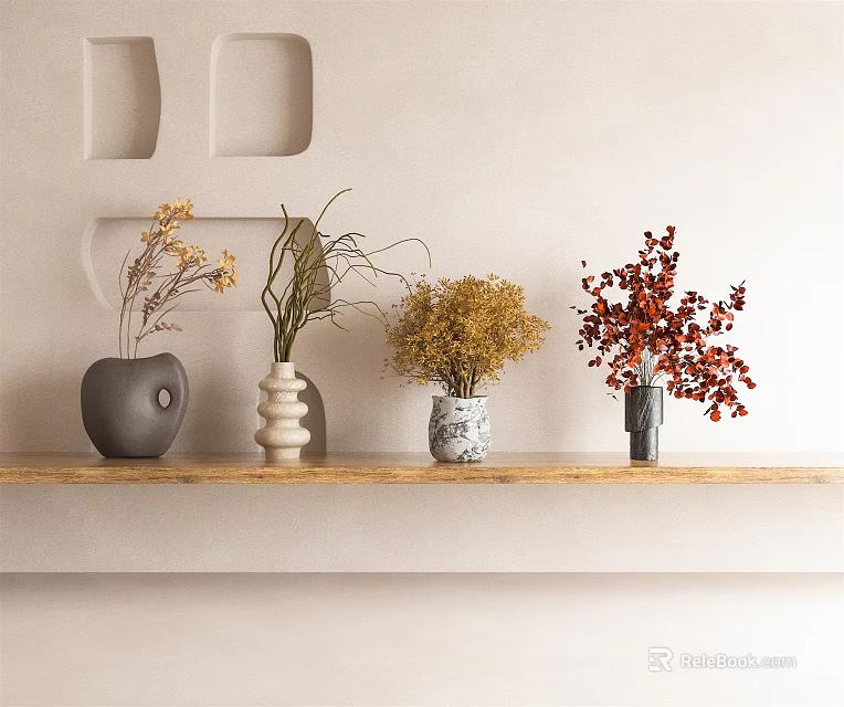 Decorative Flower Vases With Mixed Flowers On Wooden Shelf Light Colored Wall 3d model 