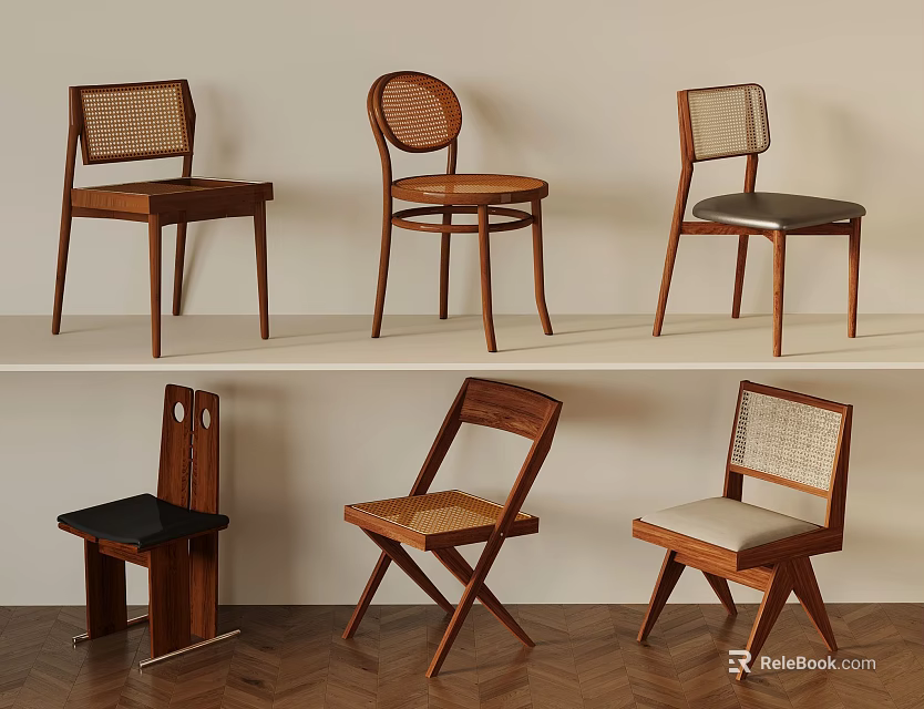 Multiple Design Wooden Dining Chairs Featuring Woven Back And Upholstered Seat Variations 3d model 