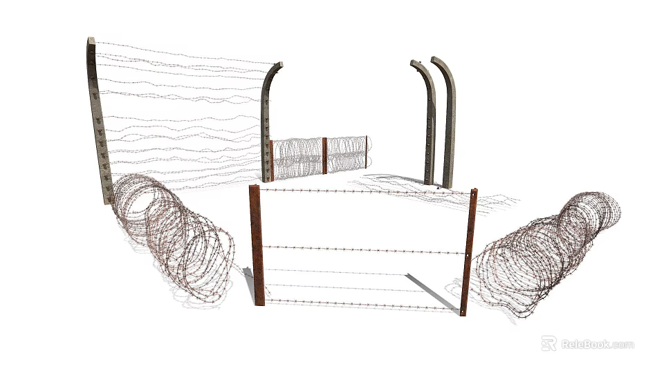 Barbed Wire Security Fence With Metal Posts And Coiled Wire Sections 3d model 