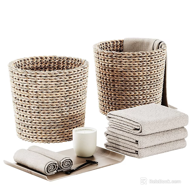 Eco Friendly Laundry Storage Essentials With Woven Baskets Soft Towels And Ceramic Cup 3d model 