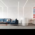 Modern Living Room Interior With Blue Sofa Coffee Table Bookshelves Staircase And Wall Art