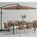 Outdoor Dining Table and Woven Rattan Chairs Set with Patio Umbrella and Potted Plant