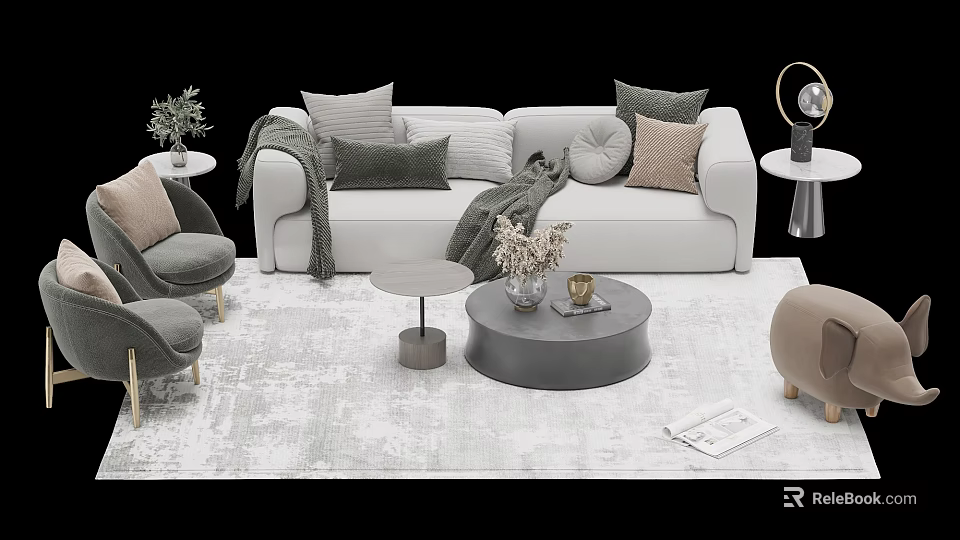 Modern White Sofa Coffee Table Set With Mixed Pillows Throw Blanket And Light Rug 3d model