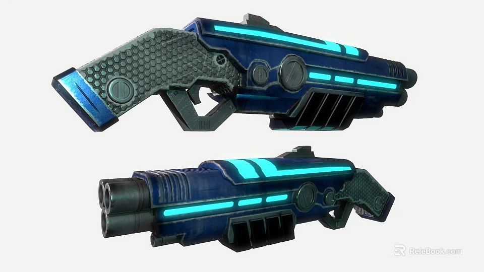 Two Futuristic Blue Energy Guns With Glowing Stripes And Textured Parts 3d model 