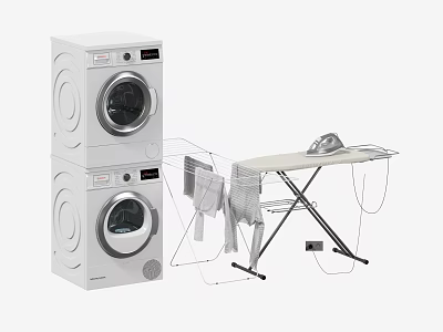 White Stacked Washing Machines With Ironing Board Iron And Towel On Laundry Rack 3d model