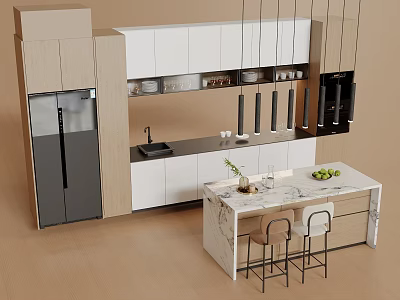 Modern Kitchen Interior With White Wooden Cabinets Marble Island And Hanging Lights 3d model
