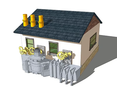 Small House Exterior With Yellow Cylindrical Tanks Gray Roof And Gear Mechanisms 3d model