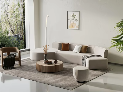 Modern Beige Sofa and Round Coffee Table Set with Pillows Floor Lamp and Green Plants 3d model